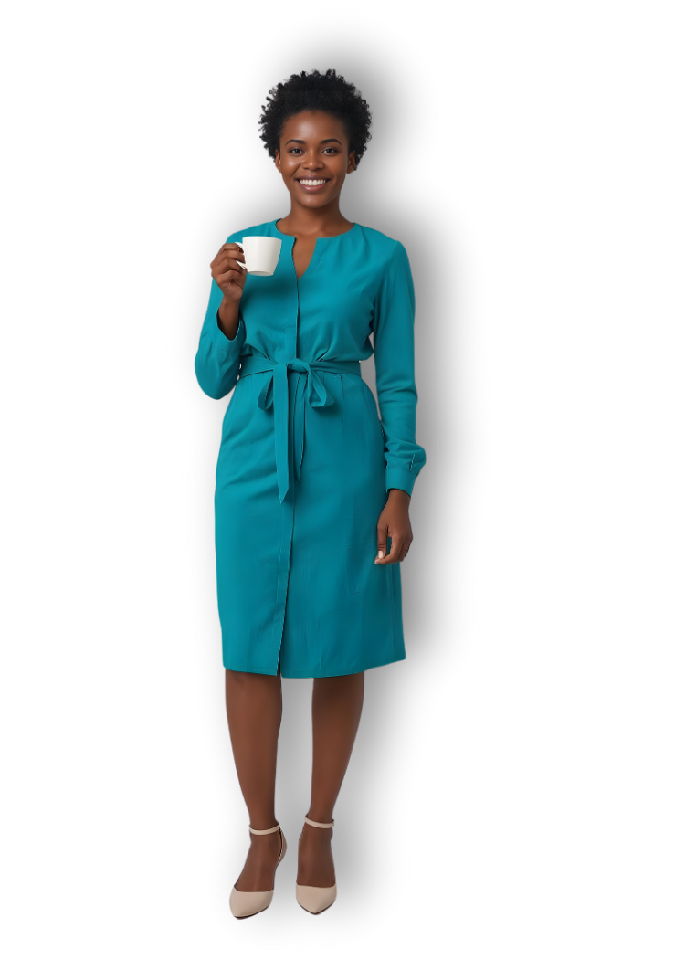 Woman in teal dress holding cup
